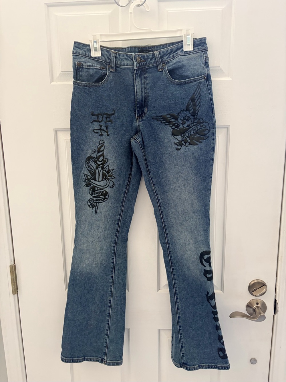Ed Hardy Blue Graphic Embroidered Bootcut Jeans